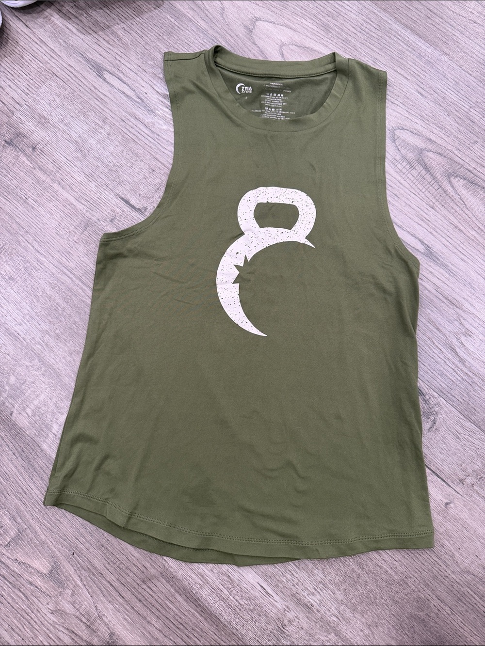 ZYIA Olive Green Sleeveless Kettlebell Graphic Tank